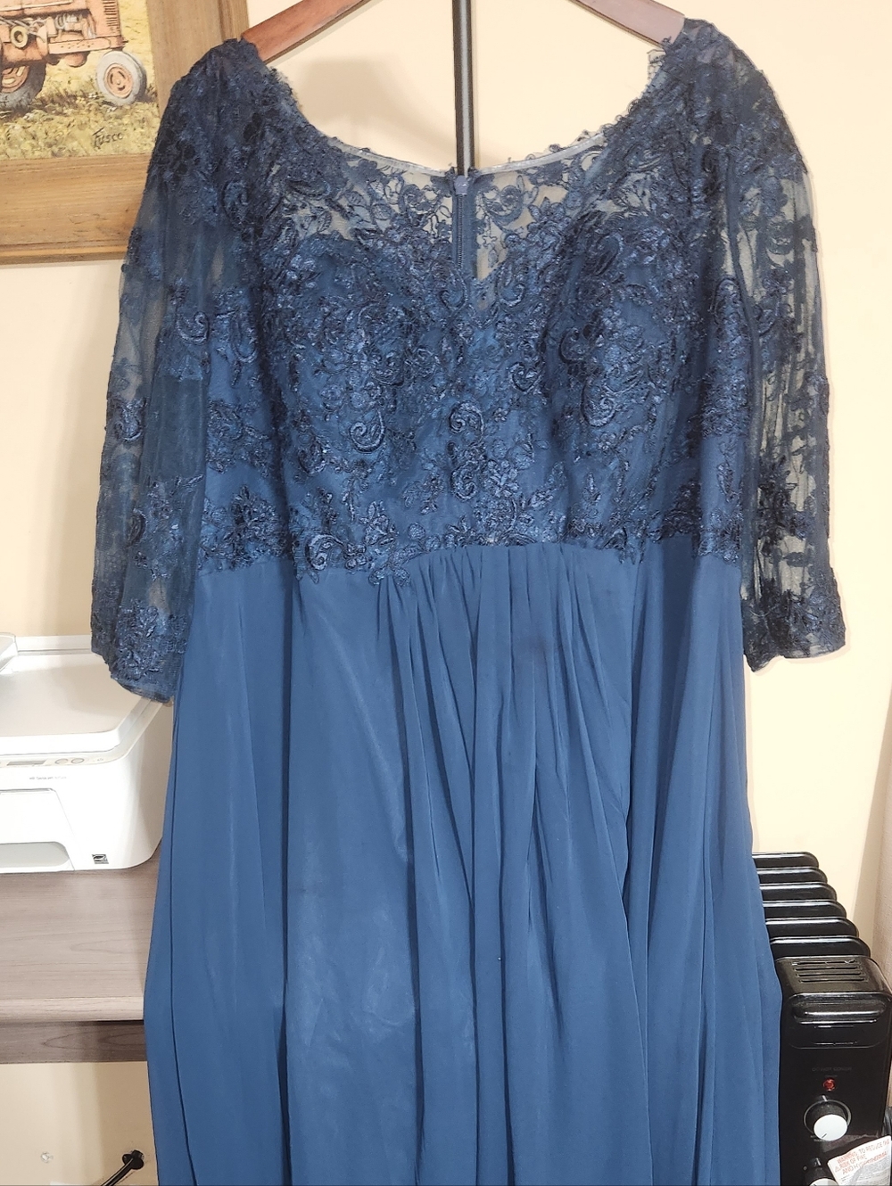 Azazie Navy Blue Lace A-Line Prom Gown